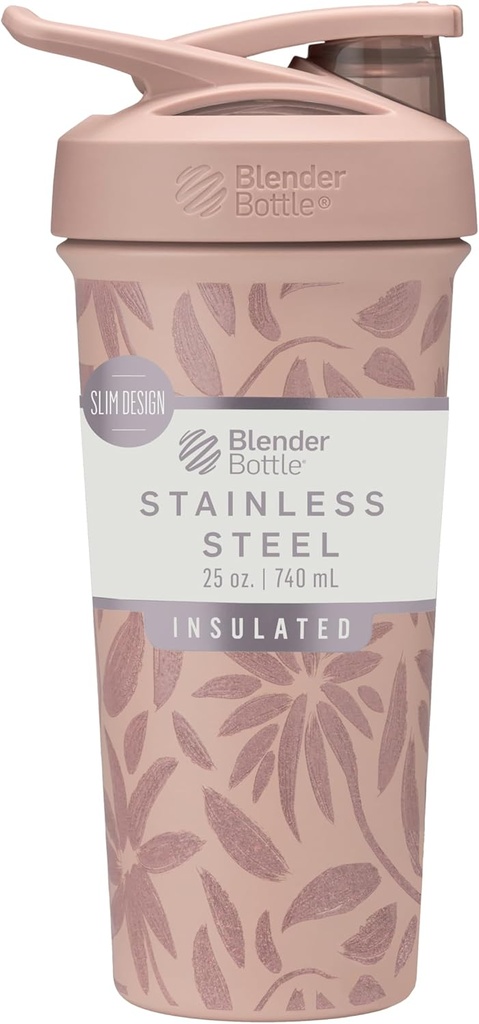 BlenderBottle Strada Flip Shaker Κύπελλο μονωμένο από ανοξείδωτο ατσάλι μπουκάλι νερό με σύρμα Whisk, 25-Ounce, καφέ λουλούδια