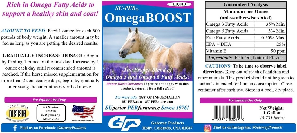 SU-PER OmegaBOOST Fish Oil for Horses - Premium Omega 3 και Ωμέγα 6 συμπλήρωμα λιπαρών οξέων - Υποστηρίζει υγιή δέρμα & παλτό - 1 Gallon