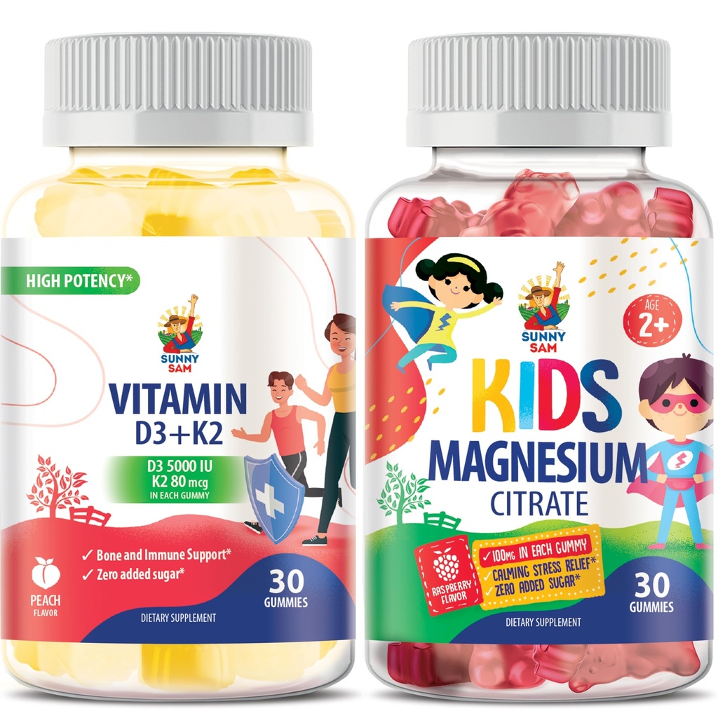 SUNNY SAM Μαγνήσιο Gummies για παιδιά και βιταμίνη D3 K2 Gummies 5000 IU.