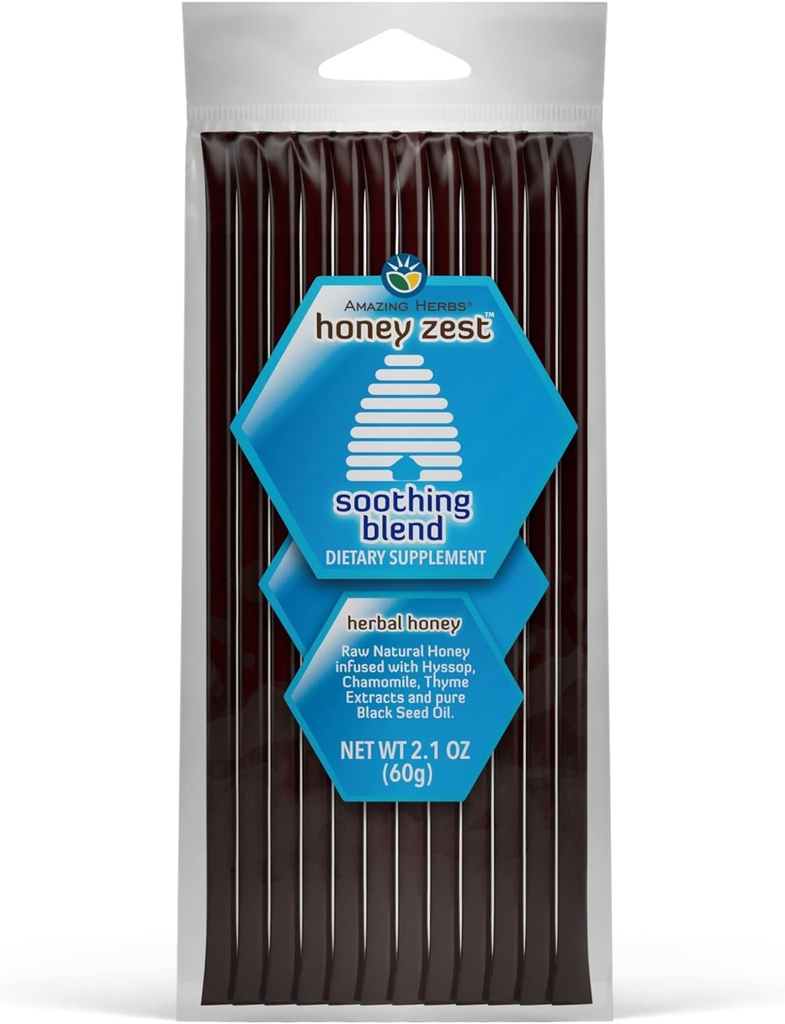 Amazing Herbs Raw Natural Honey - Herbal Honey Infused with Hyssop, Chamomile, Thyme Extracts & Pure Black Seed Oil, Non GMO, Gluten Free Immune Booster - Honeyzest Soothing Straws, 12 Count