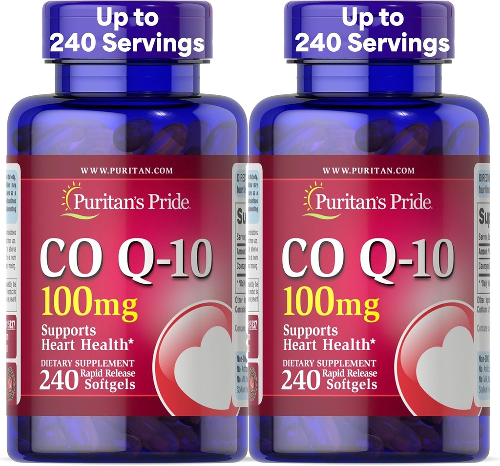 Puritan's Pride Coenzyme CoQ10 100mg, Συμπλήρωμα διατροφής για την υγεία της καρδιάς, την πίεση του αίματος, την υγεία των στοματικών ούλων και την υγιή γήρανση Υποστήριξη, 240 Softgels ταχείας απελευθέρωσης, 2-πακέτο