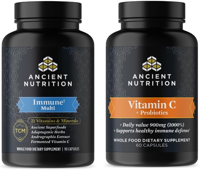 Ancient Nutrition Multi Immune Capsules, 90 Count + Vitamin C + Probiotics Capsules, 60 Count