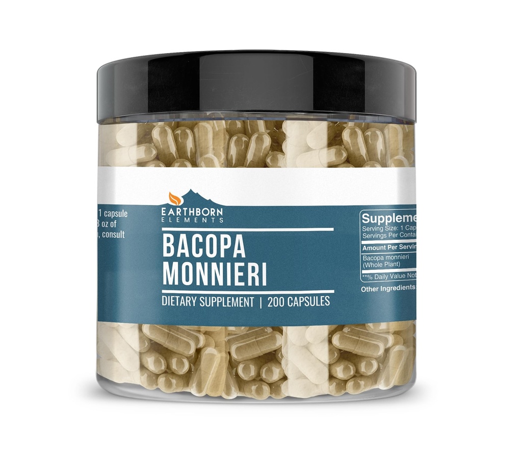 Earthborn Elements Bacopa Monnieri 200 Capsules, Pure & Undiluted, No Additives