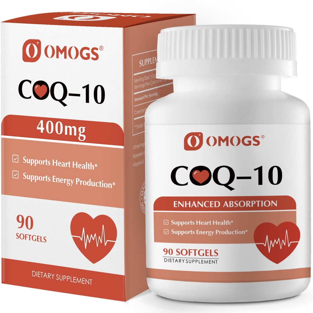 OMOGS CoQ10 400mg Softgels, Συνένζυμο Q10 Συμπληρώματα Υψηλής Απορρόφησης Υποστήριξη Καρδιά Υγεία, Καρδιαγγειακή Υγεία, Ανοσοποιητικό Σύστημα & Κυτταρική Παραγωγή Ενέργειας, Χωρίς Γλουτένη, 90 Softgels