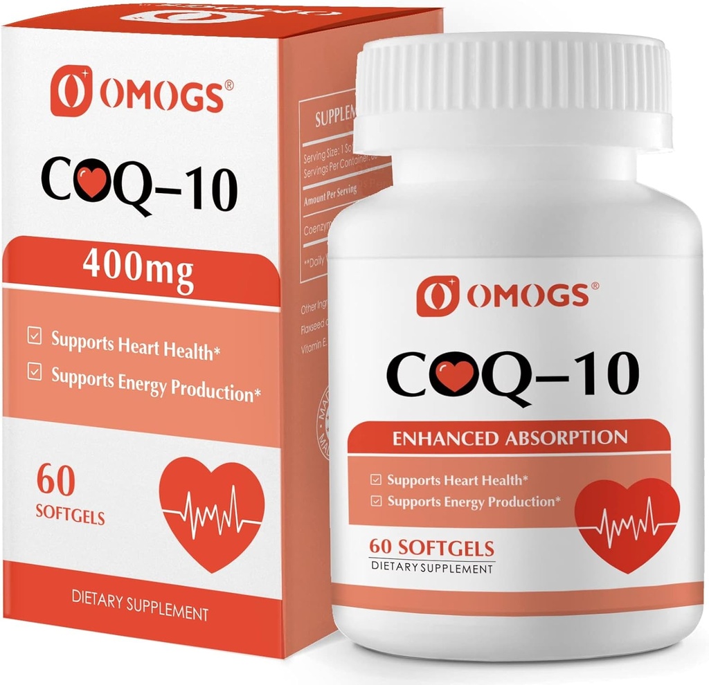 OMOGS CoQ10 400mg Softgels, Συνένζυμο Q10 Υψηλή Απορρόφηση Συμπληρώματα Υποστήριξη Καρδιά Υγεία, Καρδιαγγειακή Υγεία, Ανοσοποιητικό Σύστημα & Κυτταρική Παραγωγή Ενέργειας, Χωρίς Γλουτένη, 60 Softgels