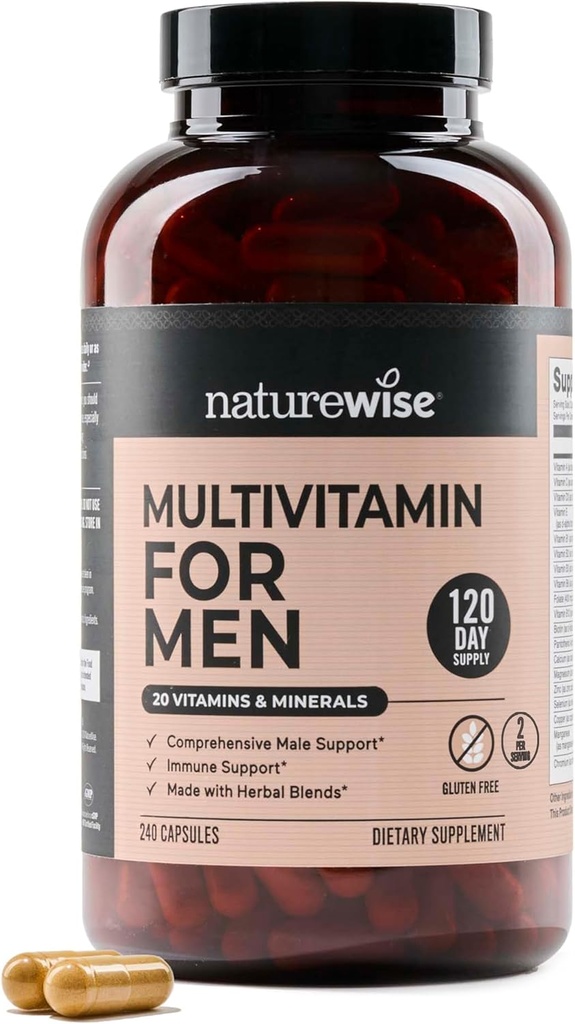 NatureWise Multivitamin for Men - Καθημερινή Ανδρική Υποστήριξη - Ορυκτά & Βότανα για Ενέργεια, Απόδοση, Ανοσία - με Βιταμίνη A, C, D, B-Complex - Χωρίς σόγια & Γλουτένη, Μη ΓΤΟ - 240 Κάψουλες[6-Month Supply]