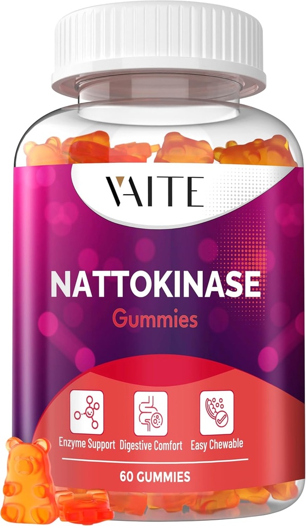 VAITE Nattokinase Supplement 2000 FU (Ibrinolytical Units) 100mg - Ένζυμο συμπλήρωμα, Vegan Formula, Υποστηρίζει την υγεία, διπλή δύναμη, μη-GMO, χωρίς σόγια, χωρίς γλουτένη, 60 χορτοφαγικά Gummies