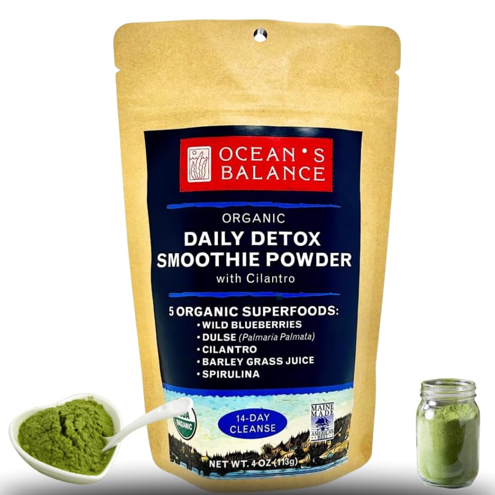 Ocean's Balance Daily Detox Smoothie Powder με Cilantro, Blueberry, Spirulina, Dulse Seaweed & Barley Grass Juice Powder — Εύκολα Digested Smoothie Mix για Detox Cleanse (4 oz - 1 Pack)