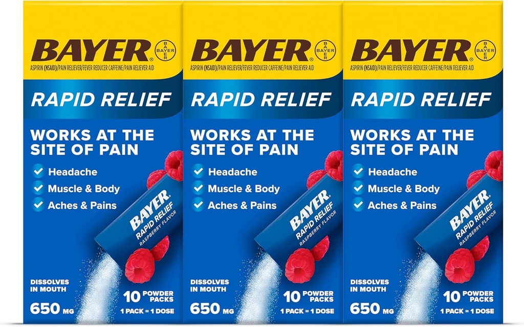 Bayer Rapid Relief Powder Powder Packs με ασπιρίνη & καφεΐνη, Διαλυτή ταχείας δράσης ανακούφιση του πόνου για τον πονοκέφαλο, τους μυς και τον πόνο του σώματος, άρωμα σμέουρων (Η συσκευασία μπορεί να διαφέρει), Συσκευασία των 3 x 10 Count