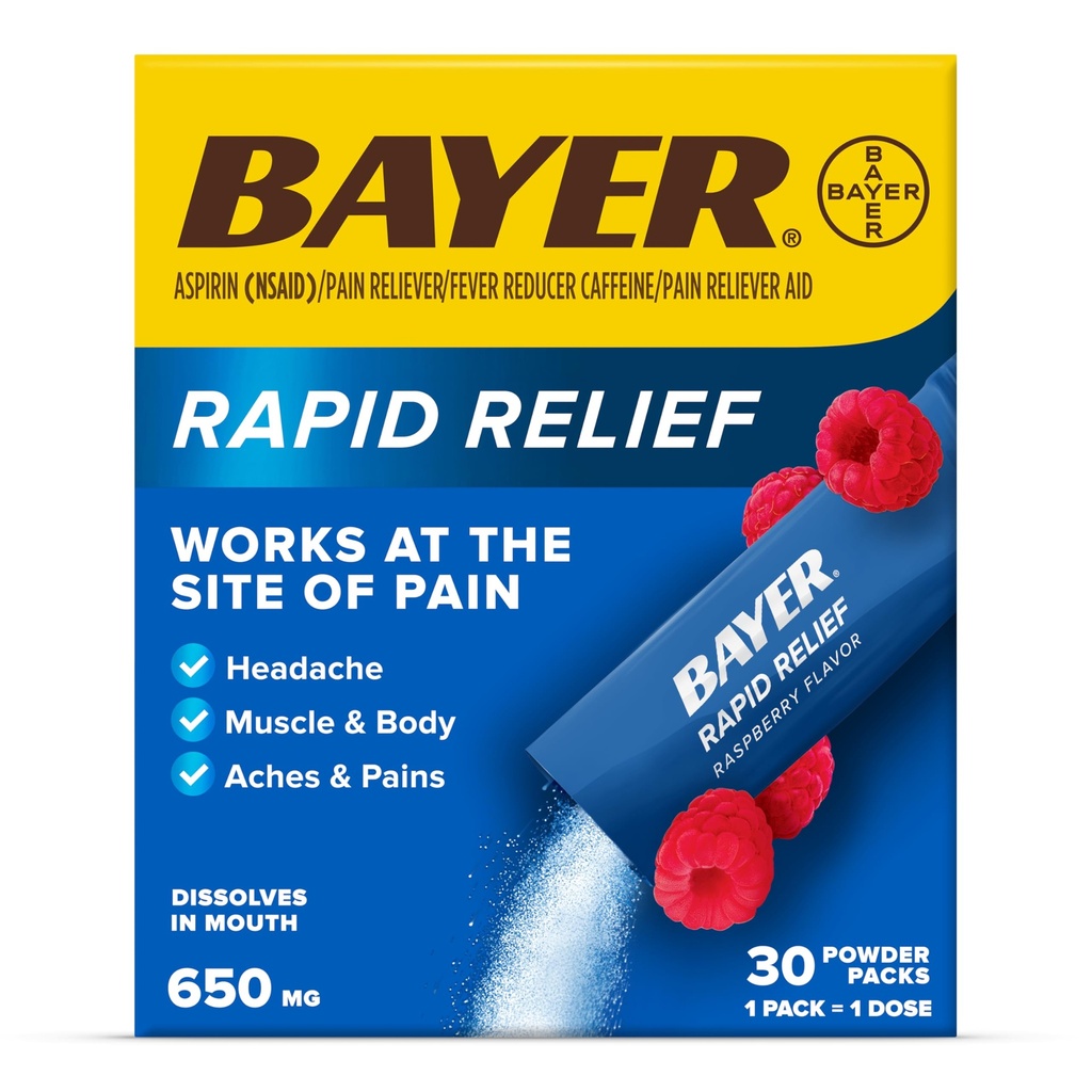 Bayer Rapid Relief Powder Powder Packs με ασπιρίνη & καφεΐνη, Διαλυτή ταχείας δράσης ανακούφιση του πόνου για τον πονοκέφαλο, τους μυς και τον πόνο του σώματος, άρωμα σμέουρων (Η συσκευασία μπορεί να διαφέρει), Συσκευασία των 3 x 10 Count