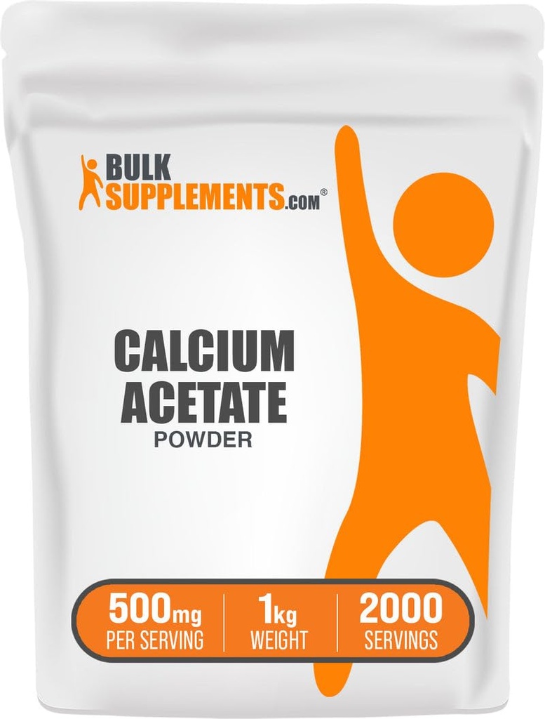 BulkSupplements.com Οξική σκόνη ασβεστίου - Συμπλήρωμα ασβεστίου, βαθμός διατροφής - Αμιγής & Χωρίς γλουτένη, 500mg ανά σερβίρισμα, 1kg (2,2 lbs) (πακέτο των 1)