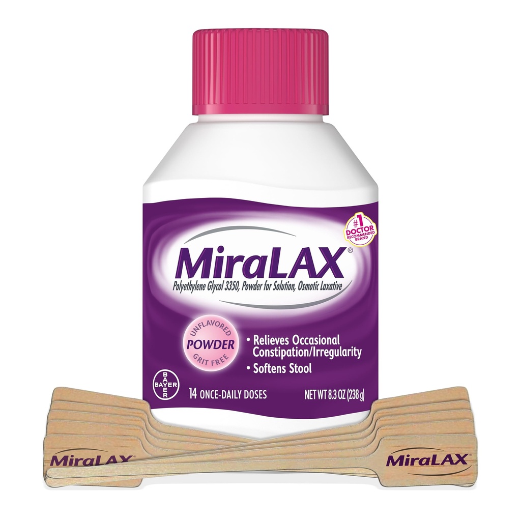 MiraLAX Laxative Powder, Gentle Constipation Relief for Adults, Stool Softener with PEG 3350, Nonstimulant Laxative, No Harsh Side Effects, Includes Stirrer, 14 Dose