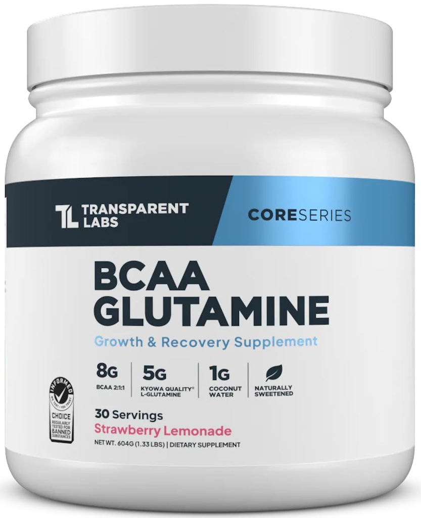 Διαφανή εργαστήρια BCAA Γλουταμίνη - 8000 Mg BCAA σκόνη με L Γλουταμίνη για την αποκατάσταση μετά την προπόνηση, μυϊκή ανάπτυξη, & Αυξημένη αντοχή - 30 εξυπηρετούν, λεμονάδα φράουλα
