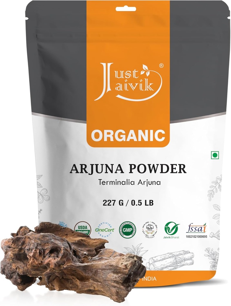Just Jaivik 100% Organic Arjuna Bark Powder (Terminalia Arjuna) 1/2 LB, 08 oz, 227g USDA Certified Organic- βιοδιασπώμενα Resealable Zip Lock Pouch Παραδοσιακά αναζωογονητικό και τονωτικό για την καρδιά*
