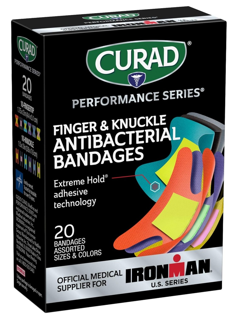 CURAD Performance Series IRONMAN Αντιβακτηριακά συγκροτήματα, Extreme Hold Adhesive Technology, Finger & Knuckle Banges, Ευέλικτο ύφασμα, Ποικιλία πακέτο με διάφορα μεγέθη & χρώματα, 20 Count