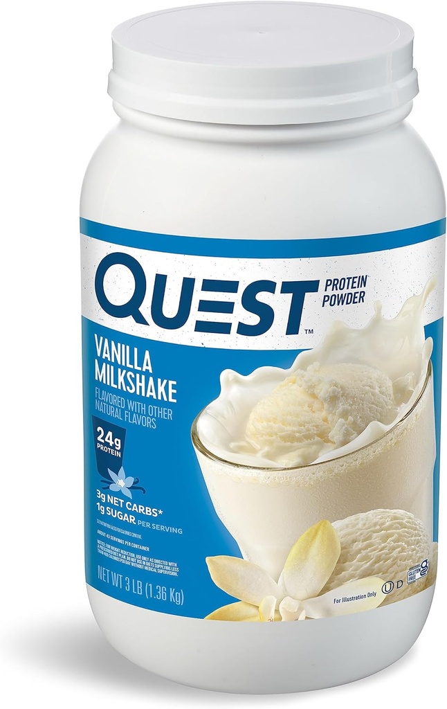 Quest Διατροφή Vanilla Milkshake πρωτεΐνη σκόνη, 24g πρωτεΐνης, 1g ζάχαρης, χαμηλή υδατάνθρακες, χωρίς γλουτένη, 3 Λίρες, 43 μερίδες