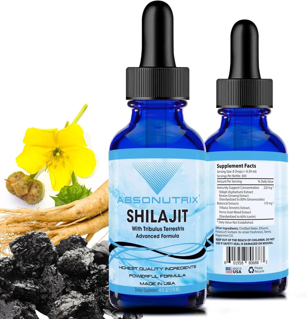Absonutrix Shilajit με Tribulus Terrestris 390 mg, 4 Oz Liquid, 300 Servings, Made in USA, Quick Absorvation, Quality Potent Ingredients, Non-GMO, GMP Certified Facility, Cruelty-Free Products