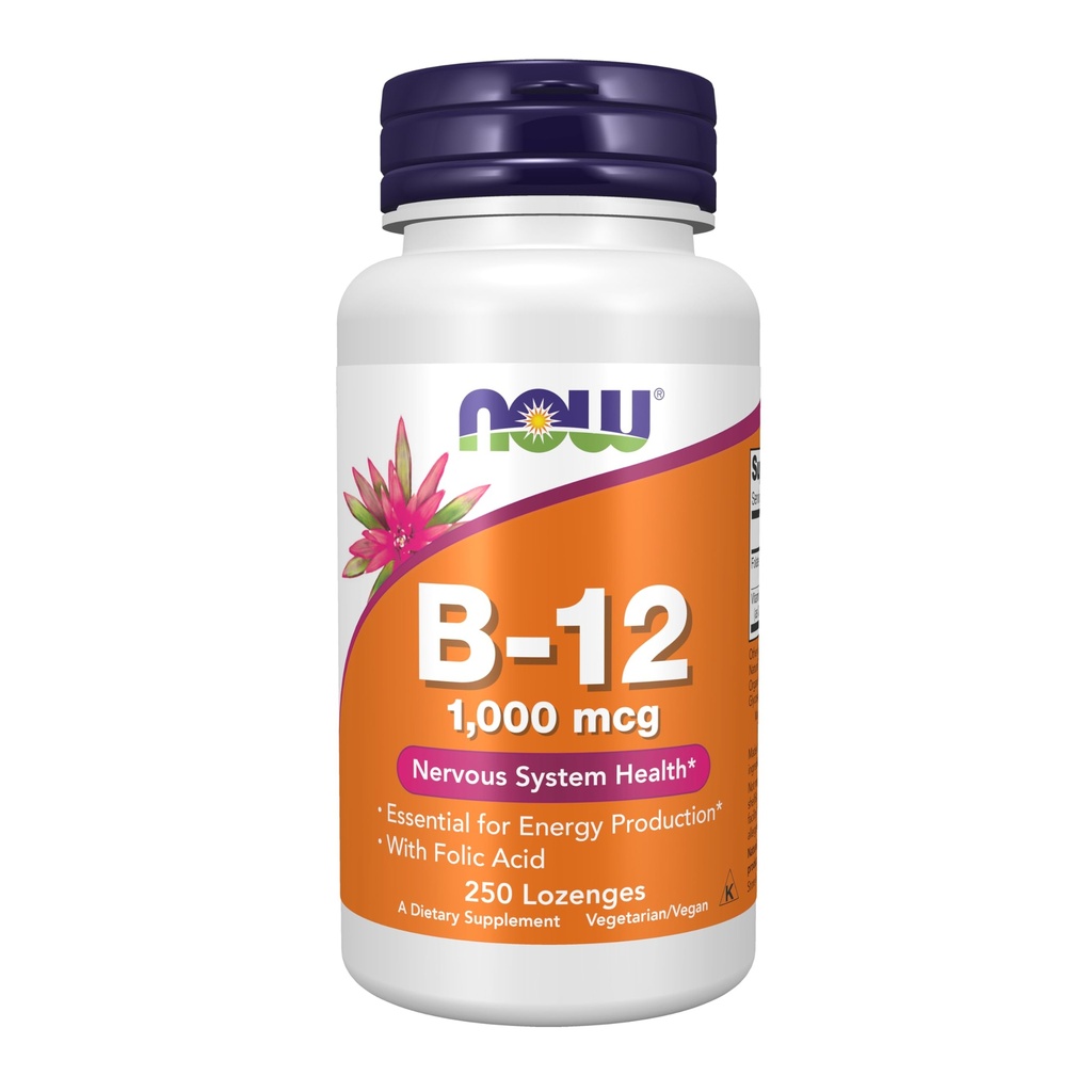 NOW Συμπληρώματα Τροφίμων, Βιταμίνη B-12 1.000 mcg με Φολικό οξύ, Υγεία του Νευρικού Συστήματος*, 250 Μασώμενα Λοzenges