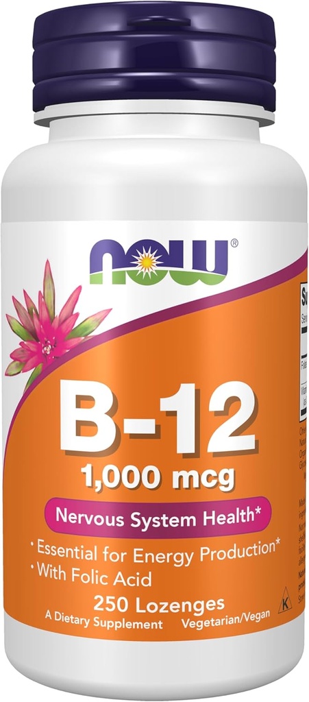 NOW Συμπληρώματα Τροφίμων, Βιταμίνη B-12 1.000 mcg με Φολικό οξύ, Υγεία του Νευρικού Συστήματος*, 250 Μασώμενα Λοzenges
