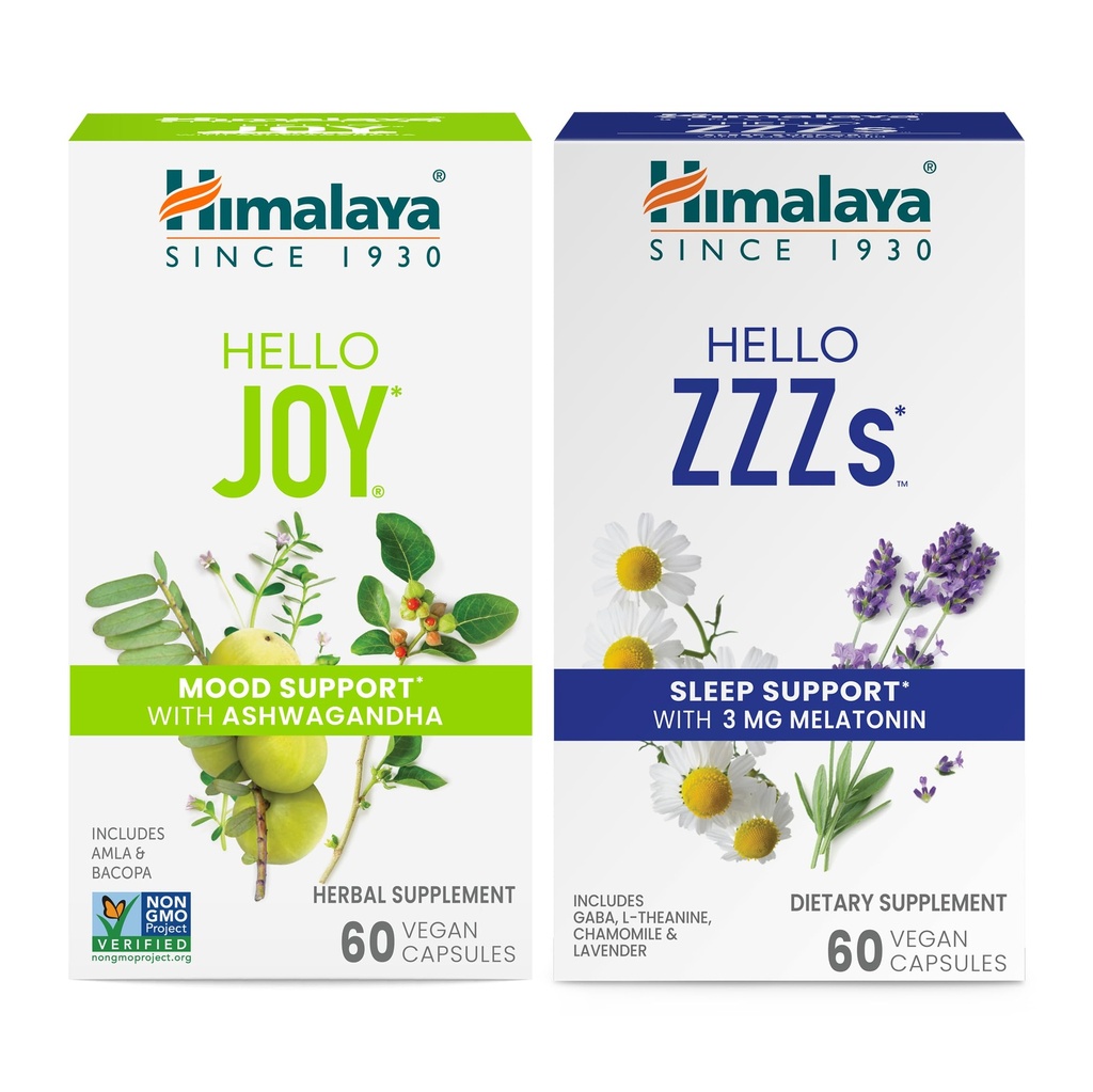 Himalaya Γεια σας Χαρά με Ashwagandha για τη βελτίωση Mood και πνεύματα & Γεια σας ZZZs με μελατονίνη για υποστήριξη ύπνου, 60 κάψουλες κάθε - Bundle