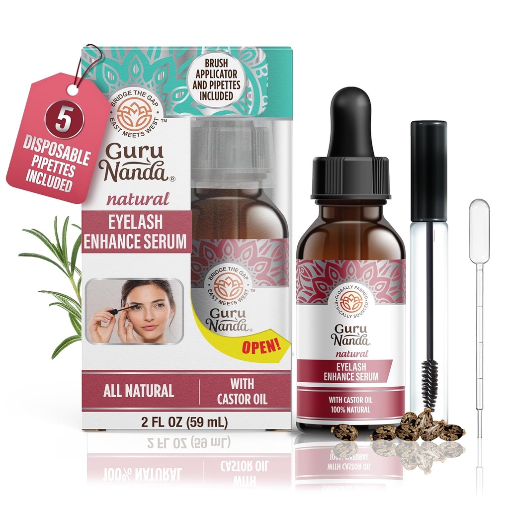 GuruNanda Natural Castor Oil Eyelash Enhance Serum with Rosemary Oil - Brush Applicator & 5 Pipettes, Helps Natural Hair Growth for Eyebrows & Beards, 2 Fl Oz