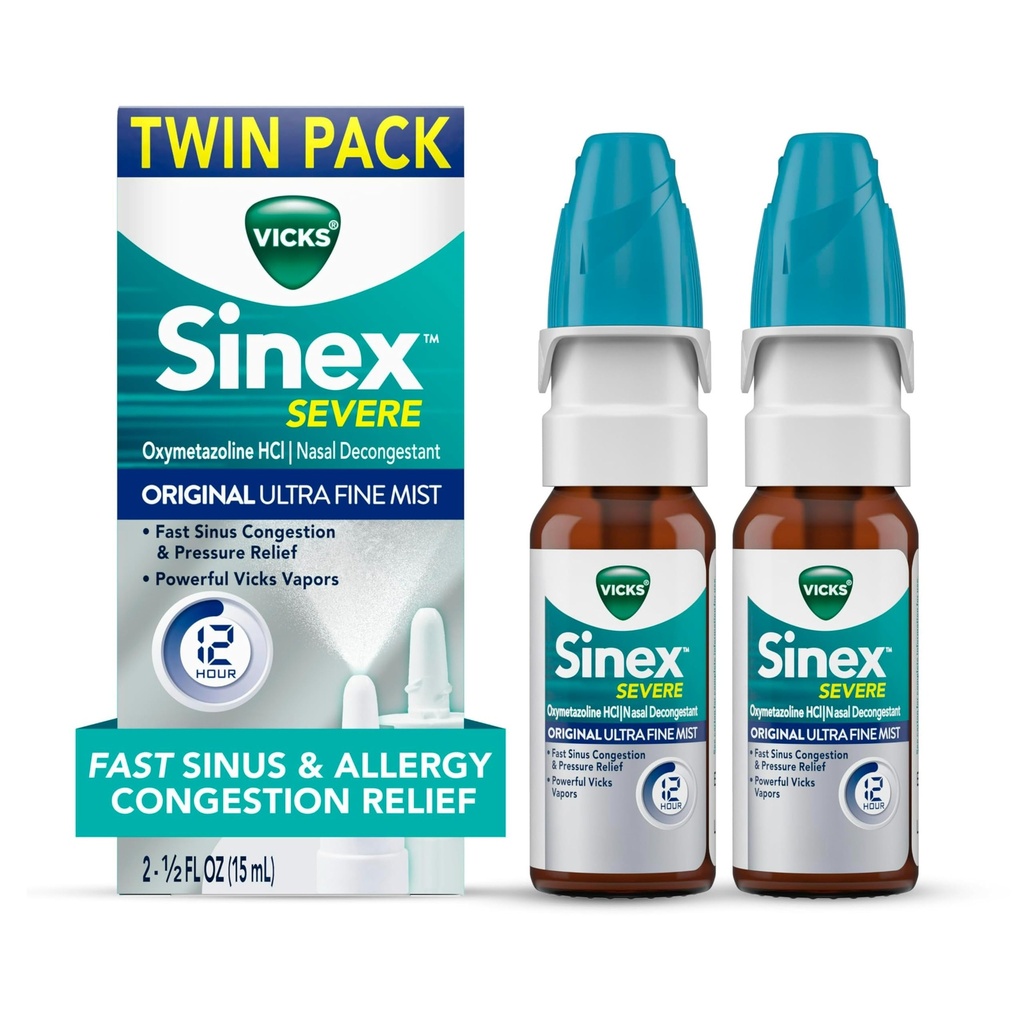 Vicks Sinex SEVERE Αλλεργία & ρινικός ρινικός ψεκασμός, Original Ultra Fine Mist, αποσυμφορητική ιατρική, ανακούφιση από Nasνική συμφόρηση λόγω του κρυολογήματος ή της αλλεργίας, Sinus Pressure Relief, 265 Sprays x 2