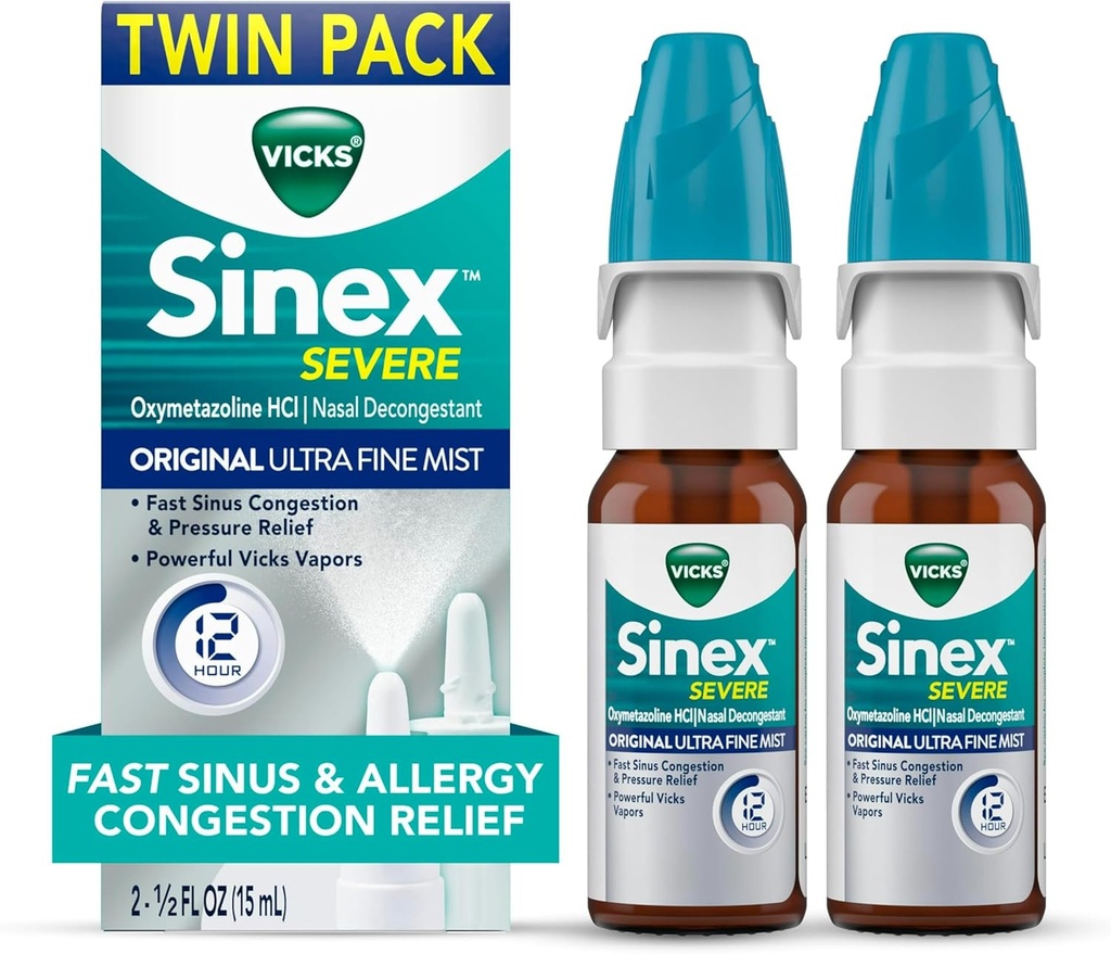 Vicks Sinex SEVERE Allergy & Sinus Nasal Spray, Original Ultra Fine Mist, Decongestant Medicine, Relief from Nasal Congestion due to Cold or Allergy, Sinus Pressure Relief, 265 Sprays x 2