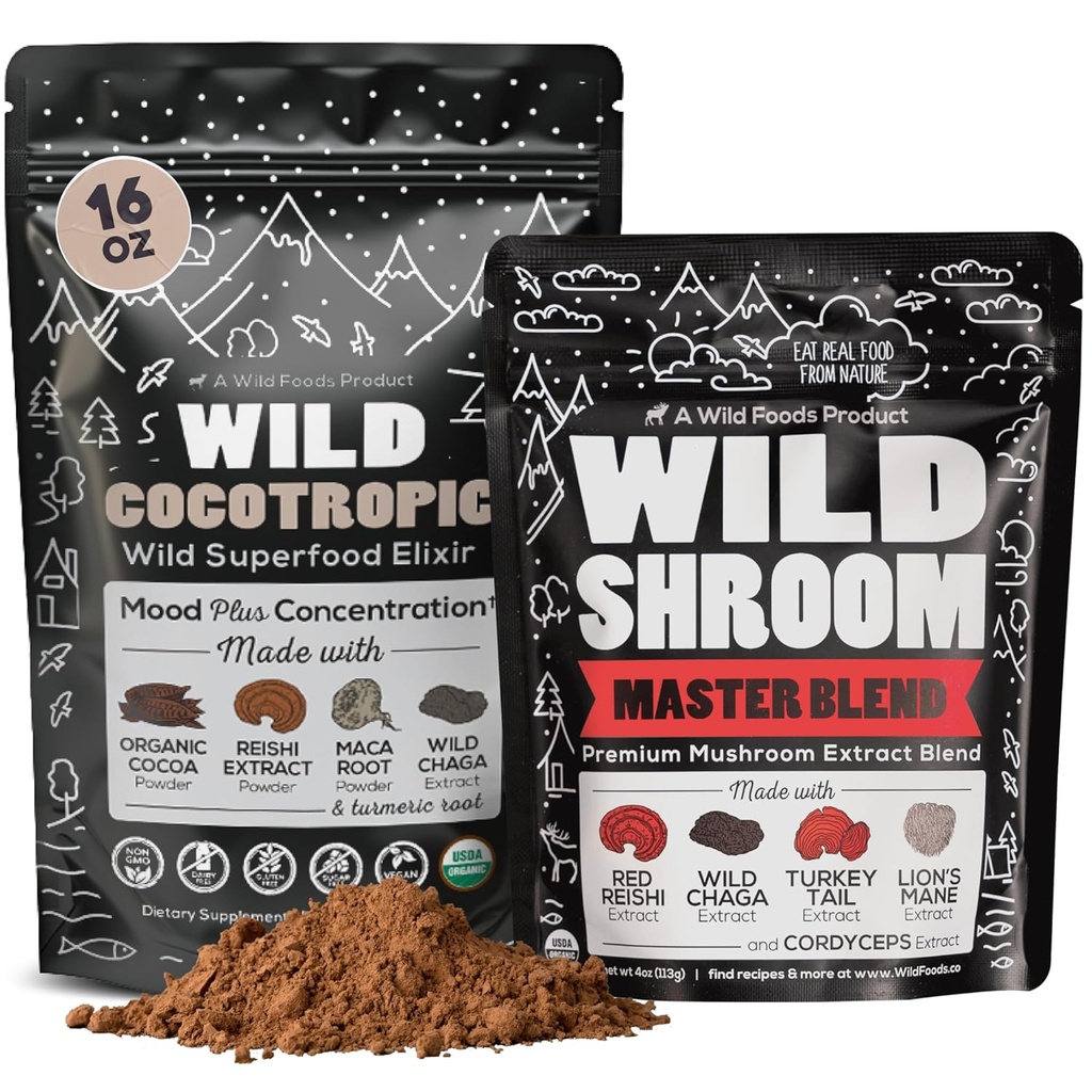 Cocotropic Organic Mushroom Cacao Mix (16oz) & Master Mushroom Blend (4oz) Bundle for Energy and Mental Clarity