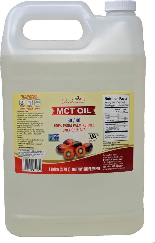 Verdana τροφίμων βαθμού MCT Oil – 1 Gallon (128 Fl Oz) – Premium C8/C10 Τριγλυκερίδια – Κέτο & Παλαιό Φιλικό – Μη ΓΤΟ, Kosher – Εμπιστευμένη Μάρκα για την Ενέργεια, Αθλητική Διατροφή, Αρωματοθεραπεία & Μασάζ