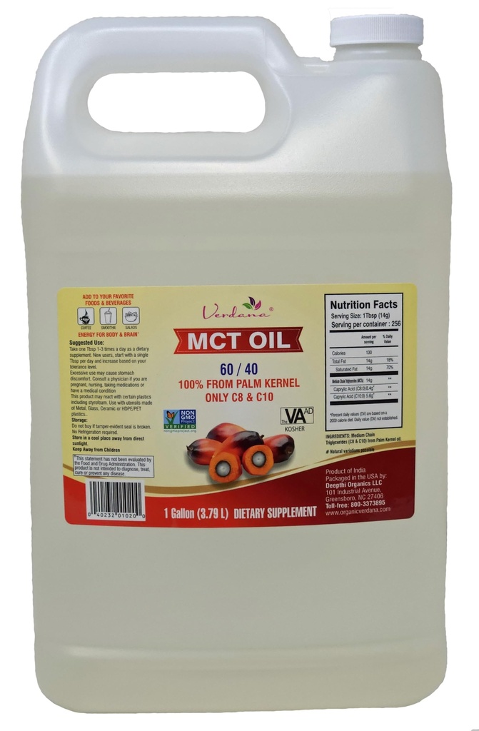 Verdana τροφίμων βαθμού MCT Oil – 1 Gallon (128 Fl Oz) – Premium C8/C10 Τριγλυκερίδια – Κέτο & Παλαιό Φιλικό – Μη ΓΤΟ, Kosher – Εμπιστευμένη Μάρκα για την Ενέργεια, Αθλητική Διατροφή, Αρωματοθεραπεία & Μασάζ