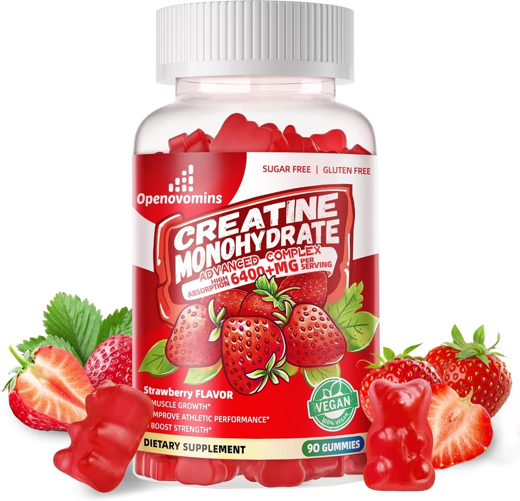 Creatine Monohydrate Gummies Complex για άνδρες & γυναίκες -Προηγμένη Φόρμουλα W/L-Taurine + Βιταμίνη B12, συμπλήρωμα χωρίς ζάχαρη μασώμενα, 90 Gummies Φράουλα