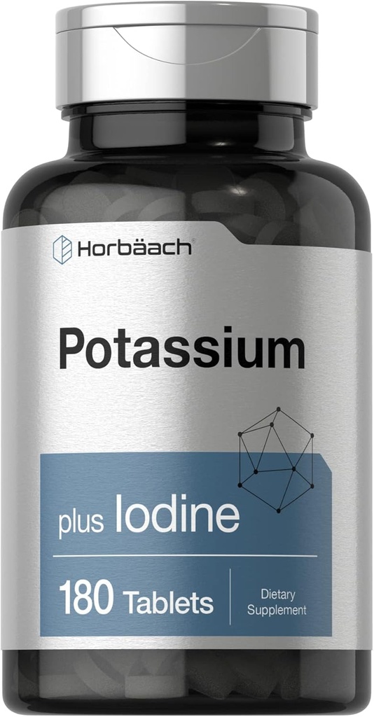 Horbäach Potassium Chloride Supplement | Plus Iodine | 180 Vegetarian Tablets | Non-GMO and Gluten Free