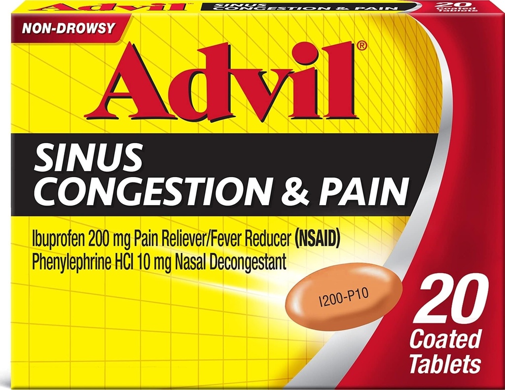 Advil Sinus Confusion and Pain, Sinus Relief Medicine, Pain Reliever και Fever Reducer με Ibuprofen και Phenylefrine HCl - 20 Επικαλυμμένα δισκία
