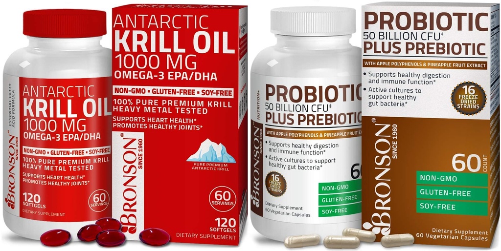 Bronson Probiotic 50 Δισεκατομμύρια CFU + Προβιοτικό με πολυφαινόλες της μήλου & ανανά Extrac ελαίου κριλ Ανταρκτικής 1000 mg με Omega-3s EPA DHA