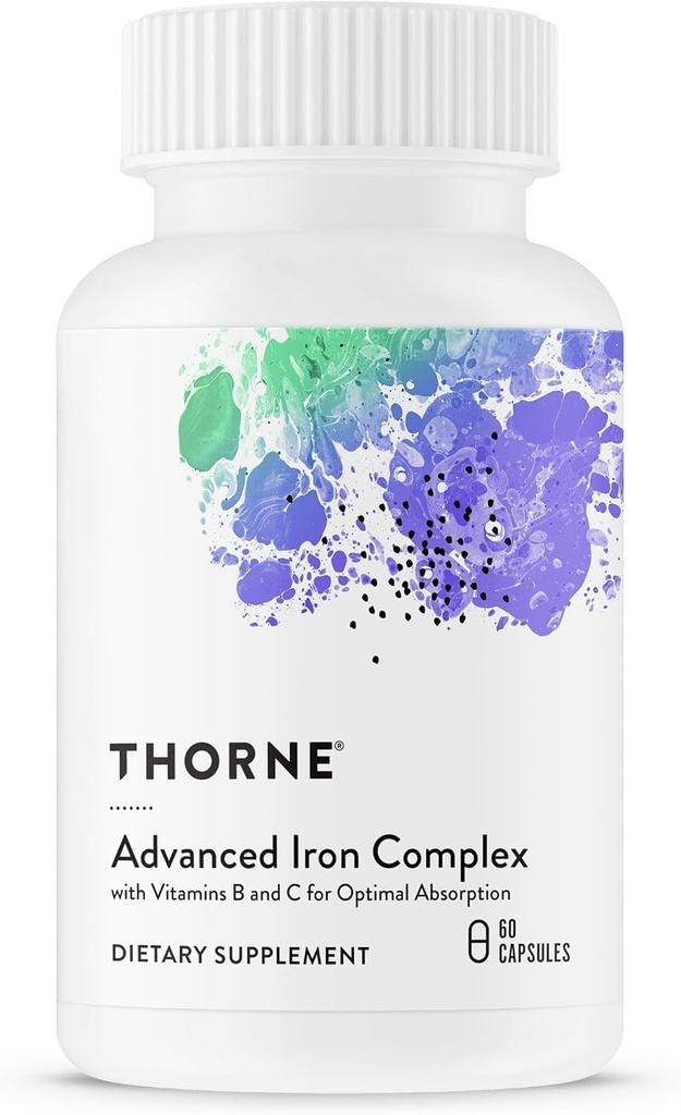 THORNE - Advanced Iron Complex - Complex Complex - Complete Blood Support Formula* - Στοιχειώδες σίδηρο, φολικό, B και C Βιταμίνες για Βέλτιστη Απορρόφηση - Χηλικό συμπλήρωμα σιδήρου - Γλουτένη, Γαλακτοκομικά & Χωρίς Σόγια - 60 κάψουλες
