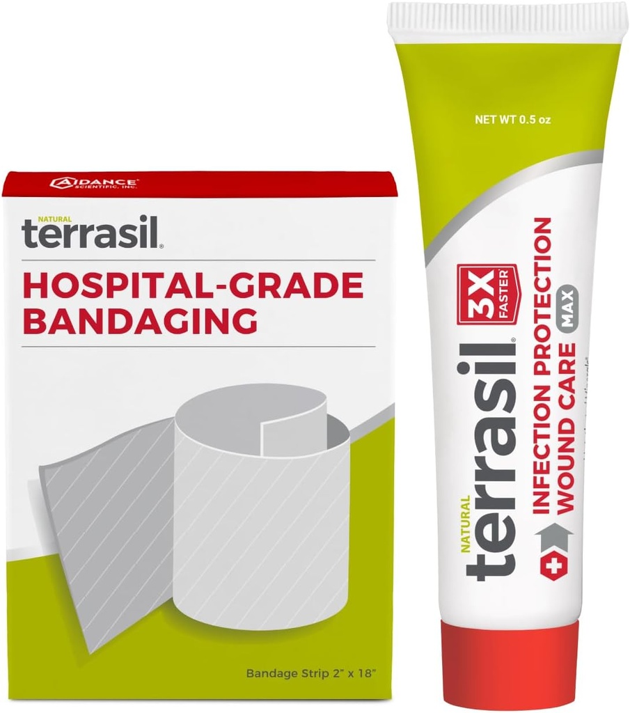 Terrasil Wound Care First Aid Kit: Medical Bandage & Wound Healing Aintment, Protection Protection for Bed Sores, Pressure Sores, Ulcers, Blisters, Cuts. Dermatologist-Tested (0.5oz, 2"x18" Bandage)