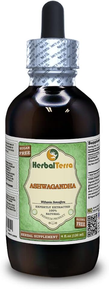 Ashwagandha (Withania Somnifera) Glycerite, Organic Dried Root Alcohol-Free Liquid Extract (Brand Name: HerbalTerra, Proudly Made in USA) 4 fl.oz (120 ml)