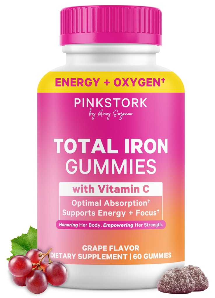 Pink Stork Prenatal Iron Supplement Gummies for Women - 20 mg με βιταμίνη C - Σταφύλι μασώμενο για Ανεπάρκεια, Ενέργεια, & Αίμα Builder - 60 Gummy Chews