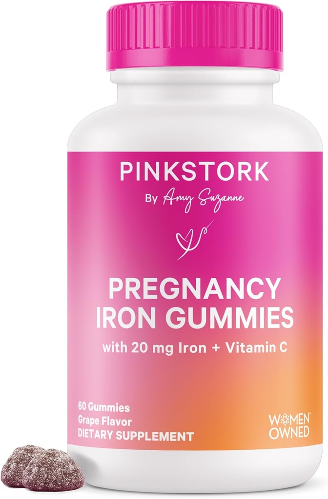 Pink Stork Prenatal Iron Supplement Gummies for Women - 20 mg με βιταμίνη C - Σταφύλι μασώμενο για Ανεπάρκεια, Ενέργεια, & Αίμα Builder - 60 Gummy Chews