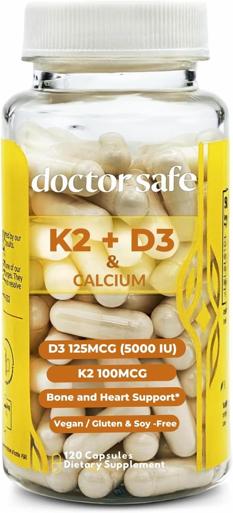 DOCTOR SAFE Βιταμίνη D3 K2 με Ασβέστιο & BioPerine MK7 + D3 5000iu US-Made Non-GMO Χωρίς γλουτένη σόγιας (120 κάψουλες - 4 μήνες προσφοράς)