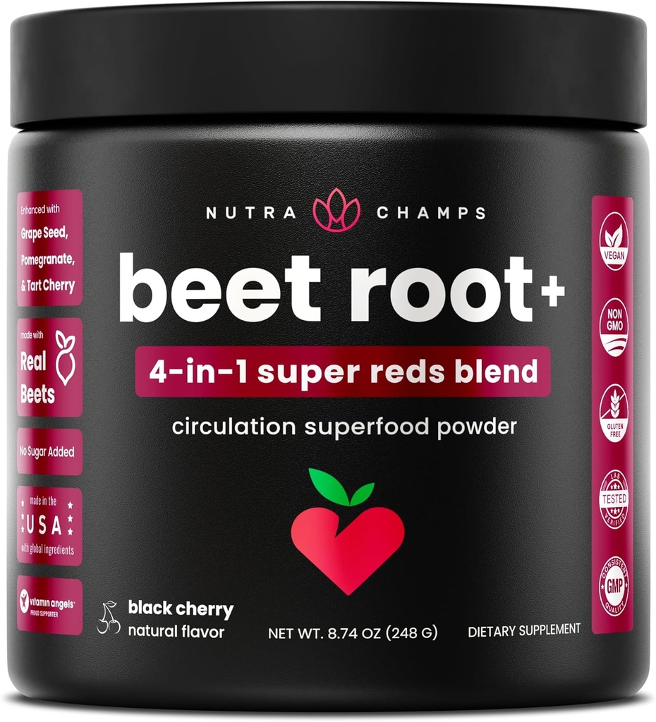 NutraChamps Beet Root Powder Circulation Supplement, Superfood Powder Nitric Oxide with Beetroot Juice, Super Reds & Grape Seed Extract, No Sugar Beet Supplement - 8.74 Oz
