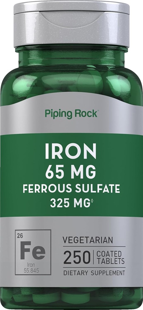 Piping Rock Iron Ferrous Sulfate 65 mg | 250 Tablets | Iron Supplement | High Potency Formula | Vegetarian, Non-GMO, Gluten Free