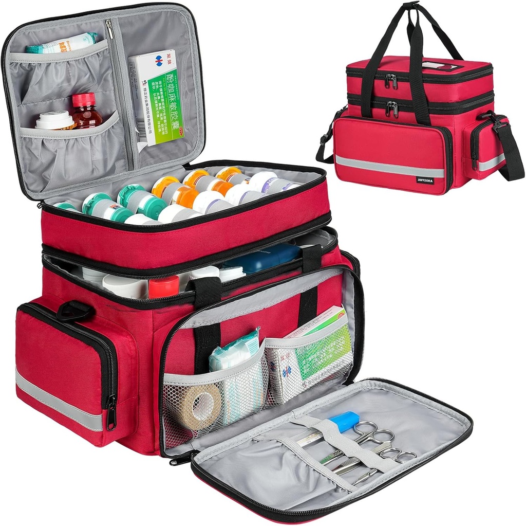 Large Pill Bottle Organizer, Double Layers Medicine Storage Bag with Lockable Zippers and Shoulder Strap,Medication Travel Bag for Prescription Bottles, Vitamins & Medical Supplies, Red (Bag Only)