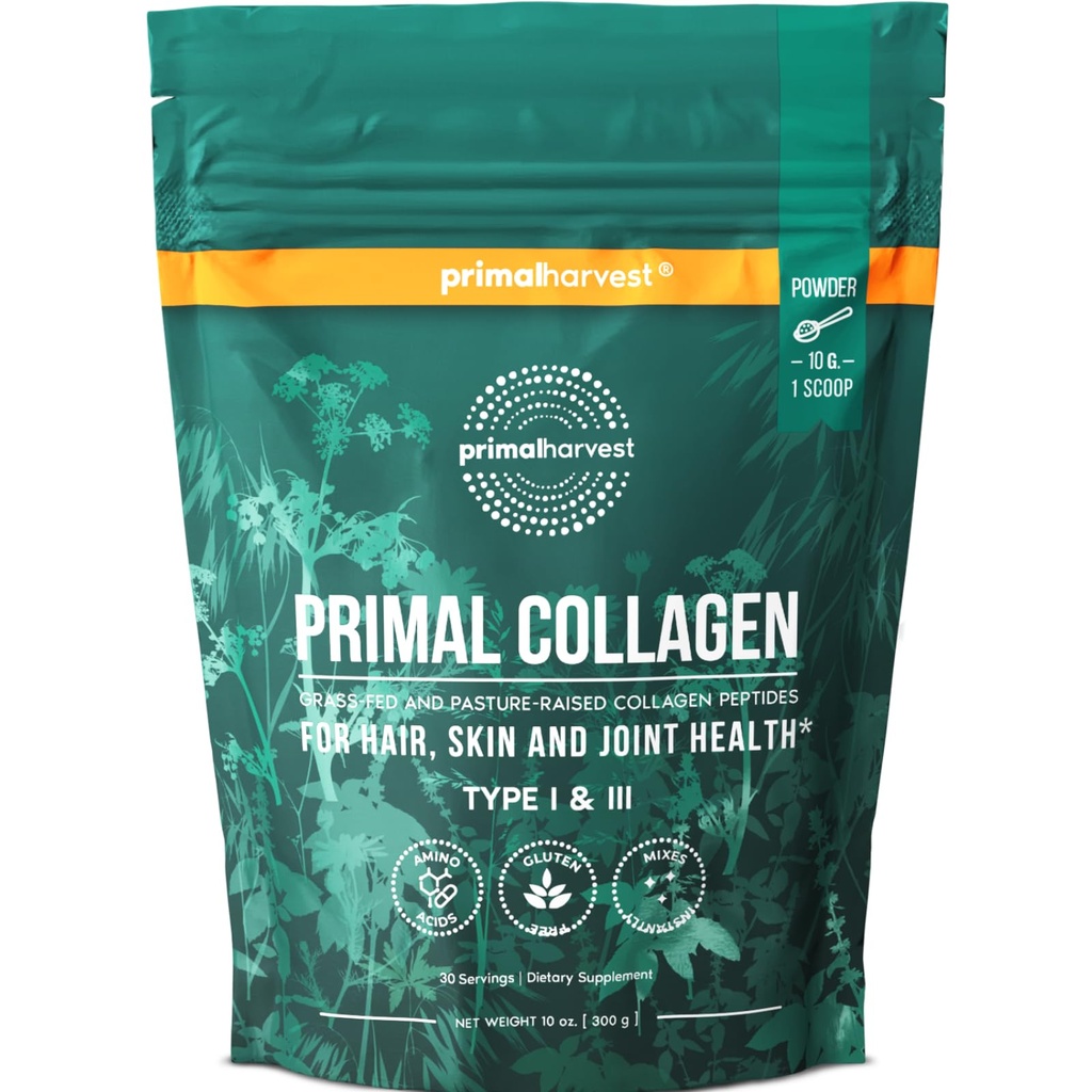 Primal Συγκομιδή Collagen σκόνη για γυναίκες ή άνδρες Primal Collagen Peptides σκόνη τύπου I & III, 10 Oz Collagen πρωτεΐνη σκόνη για τα μαλλιά, το δέρμα, τα νύχια (Single, Original)