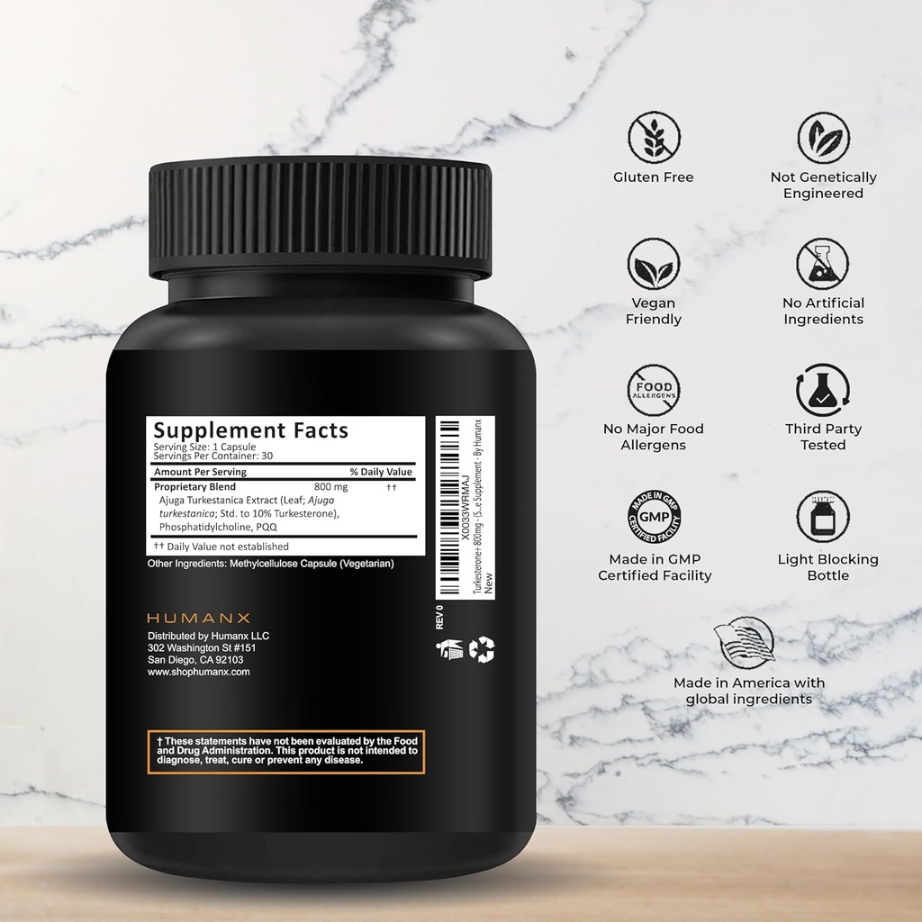 HUMANX Turkesterone+ 800mg - ΗΠΑ Third Party Tested (Similar to Ecdysterone) for Muscleal Development & Dynamic Athletic Performance - Natural Anabolic - Non GMO, Vegan - Turkesterone Supplement