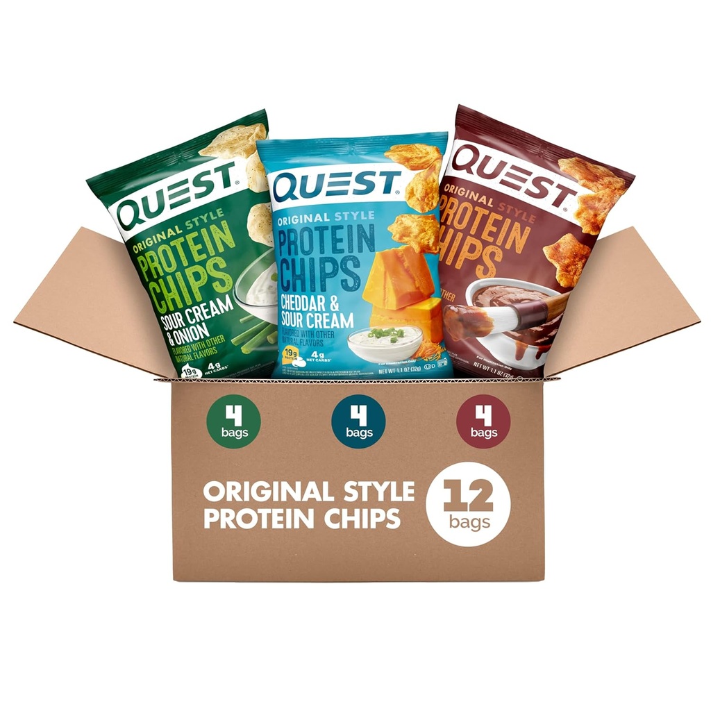 Quest Nutrition Protein Chips Variety Pack, BBQ, Cheddar & Sour Cream, Κρέμα Ξηρού & Κρεμμυδιού, Υψηλής Πρωτεΐνης, Low Carb, 1,1 oz (Pack of 12)