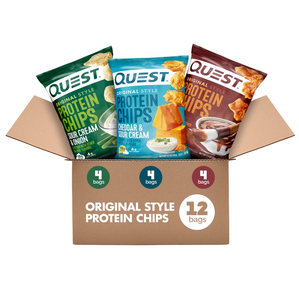 Quest Nutrition Protein Chips Variety Pack, BBQ, Cheddar & Sour Cream, Κρέμα Ξηρού & Κρεμμυδιού, Υψηλής Πρωτεΐνης, Low Carb, 1,1 oz (Pack of 12)