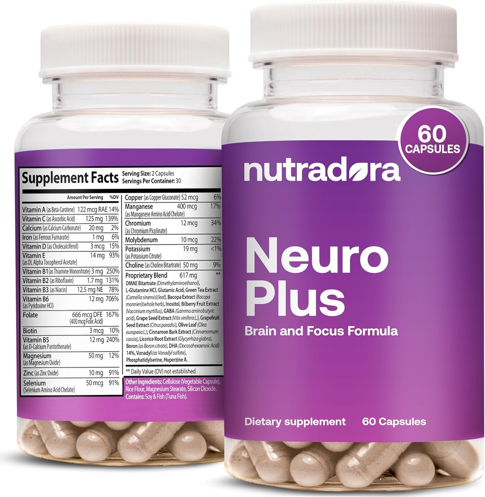 Neuro Plus Brain Supplement for Memory and Focus, 41 Συστατικά, Premium Focus Supplement with DMAE Προωθεί τη Συγκέντρωση & Ενέργεια για Άνδρες και Γυναίκες, Formulated in USA, 60 Κάψουλες