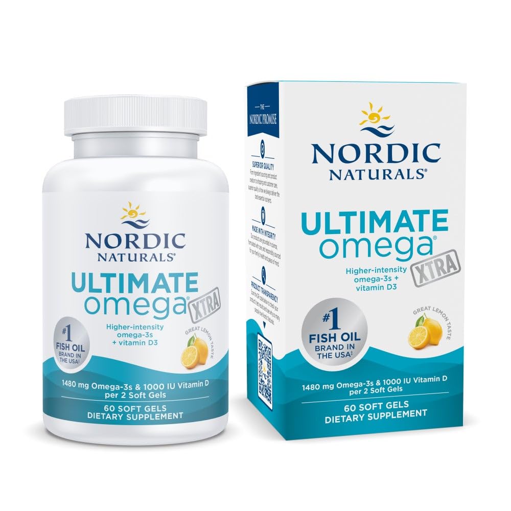 Σκανδιναβικά φυσικά Ultimate Omega Xtra, Lemon Flavor - 60 μαλακά γέλη - 1480 mg Omega-3 + 1000 IU Βιταμίνη D3 - EPA & DHA - Εγκέφαλος, καρδιά, & ανοσοποιητική υγεία - 30 Υπηρεσίες