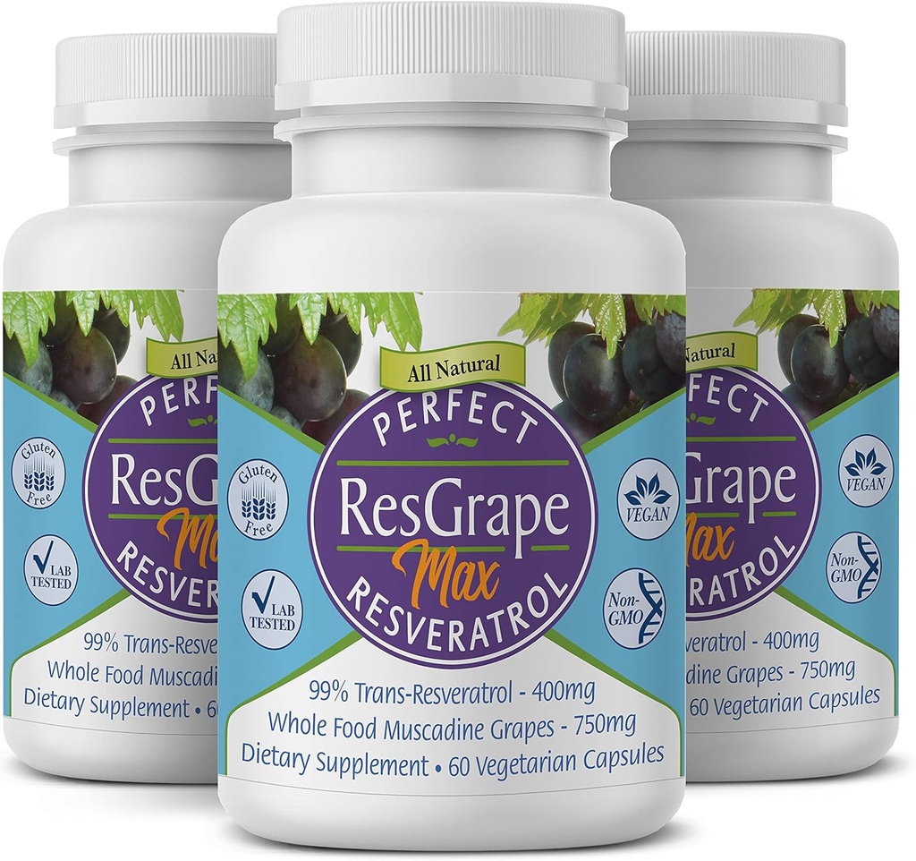 Perfect Res Grape Max, 60 κάψουλες λαχανικών ανά φιάλη (πακέτο των 3) ~ 99% Trans-Resveratrol & Muscadine Grape ~ Αντι-γήρανση συμπλήρωμα & ισχυρό αντιοξειδωτικό
